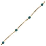 Yellow metal belcher-link bracelet set with four turquoise ball ornaments, stamped 750, 5.4g gross