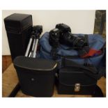 Canon EOS5 35mm camera, accessories, camera bag, tripods, pair of binoculars etc