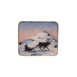 Scandinavian Sterling silver and enamel brooch decorated with a reindeer pulling a sled in a snowy