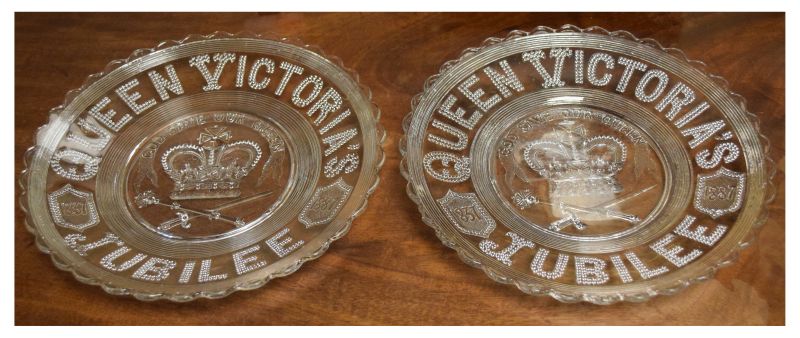 Pair of Queen Victoria 1887 Jubilee press moulded glass plates, 25cm diameter