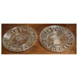 Pair of Queen Victoria 1887 Jubilee press moulded glass plates, 25cm diameter