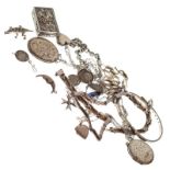 Assorted silver and white metal items to include bamboo-effect necklace, two oval lockets,