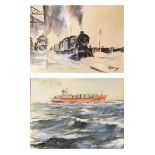 Brian Lancaster - Double sided watercolour - Steam locomotive with snowplough, signed, the reverse