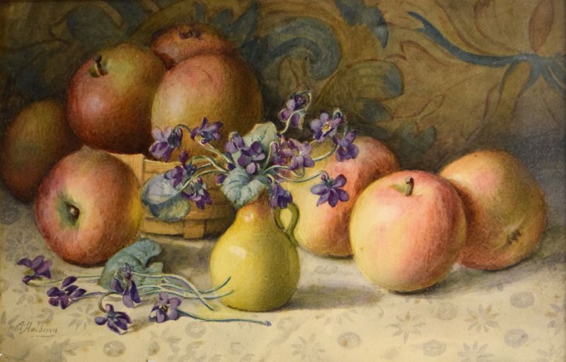 A.Holding - Watercolour - Still life of apples and pansies, 21.5cm x 33cm, in a gilt frame