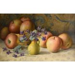 A.Holding - Watercolour - Still life of apples and pansies, 21.5cm x 33cm, in a gilt frame