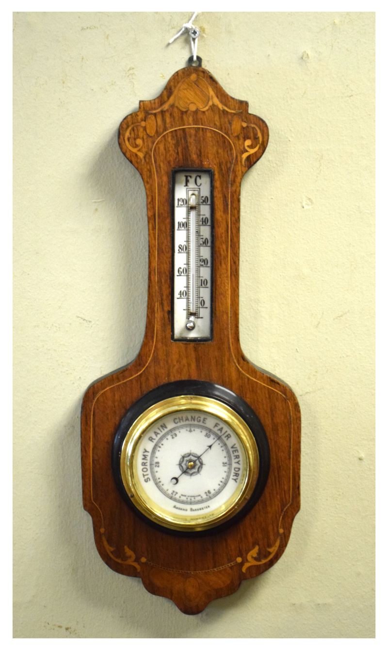 Rosewood and string inlaid aneroid barometer with mercury thermometer, 45cm high