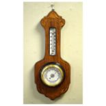 Rosewood and string inlaid aneroid barometer with mercury thermometer, 45cm high