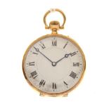 18ct gold open-face fob watch, engine-turned silvered Roman dial, top-wound movement stamped S&Co