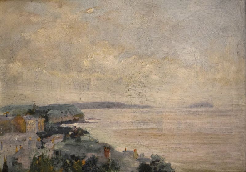 Early 20th Century oil on board - View of Clevedon seafront, 21cm x 29.5cm, in carved gilt gesso