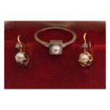 Unmarked yellow metal ring set single pearl, size I, together with a pair of yellow metal and