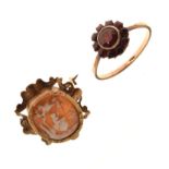 Yellow metal dress ring set cluster of red garnet-coloured stones, stamped 9ct, size Q, together