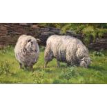 Rosemary Sarah Welch - Acrylic on canvas - Sheep grazing, in a silvered finish frame, 25.4cm x 44.