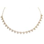 18ct gold trombone-link necklace with 22 pierced triangular panels, stamped 750, 9.2g approx