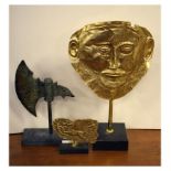 Gilded reproduction ancient Greek mask, 41cm high and two other reproduction decorative souvenirs