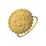 Unmarked yellow metal coin ring set Swiss coin marked Helvetia, size R, 8.9g gross approx