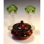 Pair of early 20th Century glass vases with integral moulded green glass tops and clear bark-