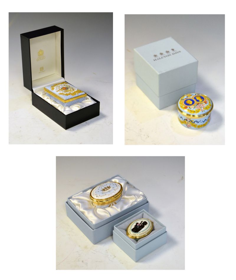 Three assorted Halcyon Days enamel boxes - Buckingham Palace Diamond Jubilee of HM Queen Elizabeth