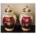Pair of early 20th Century hand painted baluster shaped vases and covers having alternate panels
