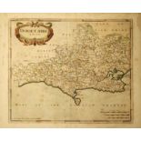 Robert Morden - Hand coloured printed map of Dorsetshire, 36.5cm x 43cm, mounted