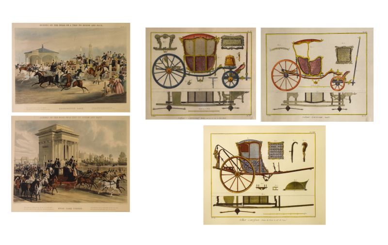 Pair of facsimile coaching prints and three other French facsimile carriage prints, all framed and