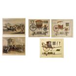 Pair of facsimile coaching prints and three other French facsimile carriage prints, all framed and