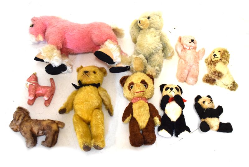 Quantity of vintage children's plush toys comprising: Pink horse, mohair teddy bear, pink pony,