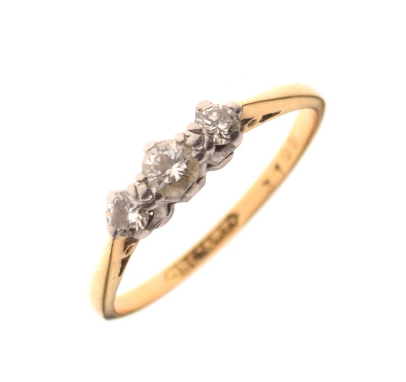 Yellow metal, platinum and three stone diamond ring, shank stamped 18ct & Pt, size M, 2g gross