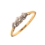 Yellow metal, platinum and three stone diamond ring, shank stamped 18ct & Pt, size M, 2g gross