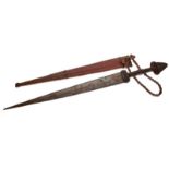 Ethnographica - Unusual steel and hide tribal dagger, with 27.5cm tapering blade to a plaited hide