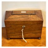 19th Century rosewood sarcophagus shaped two division tea caddy having hinged cover, 19cm wide