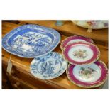 Blue and white Willow pattern meat plate, three dessert plates and a Chinese export plate