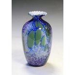 20th Century mottled glass vase of ovoid form with frilled rim, indistinct moulded mark to base,