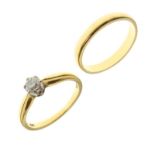18ct gold and solitaire diamond ring, together with a matching 18ct gold wedding band, both size