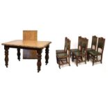 Set of six late 19th/early 20th Century carved oak high back dining chairs having green