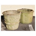 Two reconstituted garden pots, one octagonal, 43cm diameter x 30cm, the other circular, 37cm