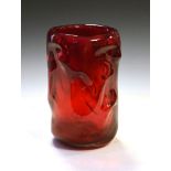 Large 20th Century ruby-tinted glass vase of irregular cylindrical form, 25cm high