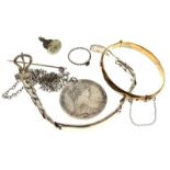 Assorted jewellery to include; 22ct gold on silver snap bangle, sterling silver identity bracelet,