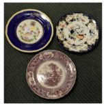Armorial plate with gold anchor mark to base, and two other transfer printed plates