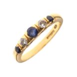 18ct gold, sapphire and diamond five stone ring set three sapphires and two diamonds, size L½, 3.