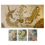 Set of three Oriental paintings on silk depicting birds amongst foliage, 24cm x 18.5cm, all framed