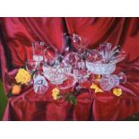 T.Martinez - Oil on canvas - Still life of crystal table glass, monogrammed and dated '04, 48.5cm