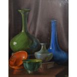 Brenda Harris - Oil on canvas - Still life of bottle shaped vases, monogrammed and dated 1929, in