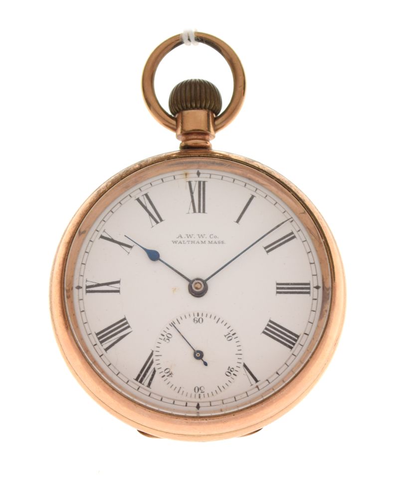 American gold-plated open-face pocket watch, A.W.W. Co, Waltham, Mass. USA, Roman dial with