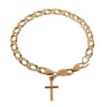 Unmarked yellow metal bracelet of flattened-curb link design, together with a 9ct gold cross, 6.8g