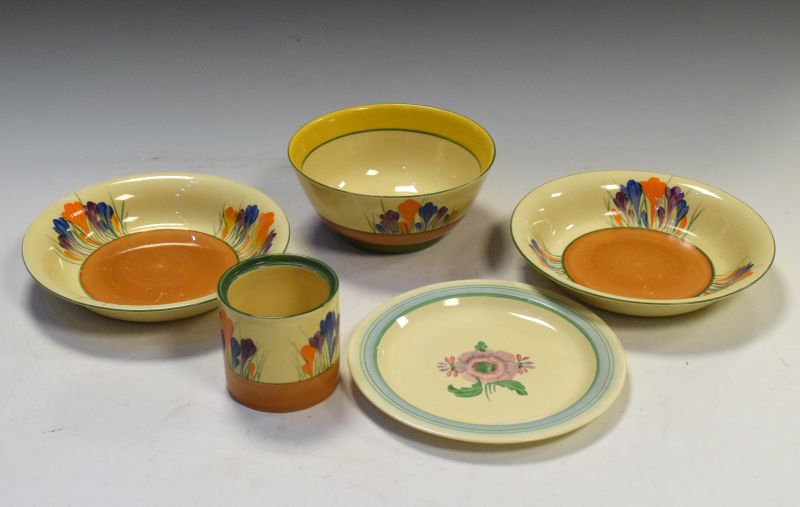 Four items of Clarice Cliff 'Crocus' pottery comprising: a pair of bowls, 20cm diameter, another,