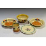 Four items of Clarice Cliff 'Crocus' pottery comprising: a pair of bowls, 20cm diameter, another,