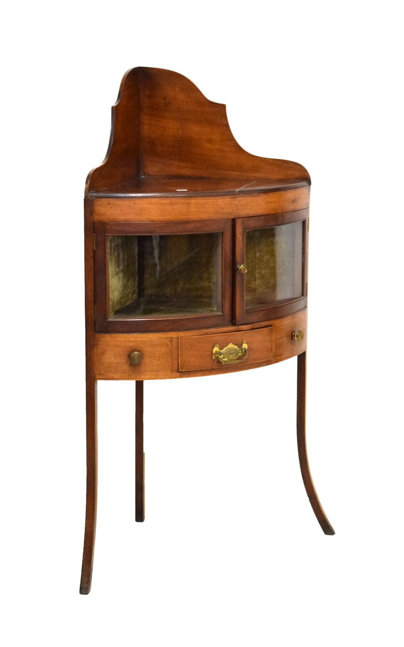 George III mahogany and string inlaid corner washstand converted to a display cabinet