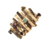 9ct gold ring modelled with rustic 'logs' mounted with assorted semi-precious and other stones, size