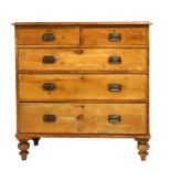 Late 19th/early 20th Century stripped pine chest of two short over three long drawers on turned