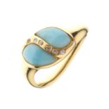 Yellow metal and turquoise dress ring, set two tear drop-shaped cabochons, shank stamped 14K, size
